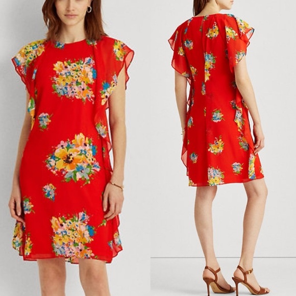 Lauren Ralph Lauren Floral Ruffled Georgette Shift Dress Red Hibiscus Print 12 - Picture 1 of 6